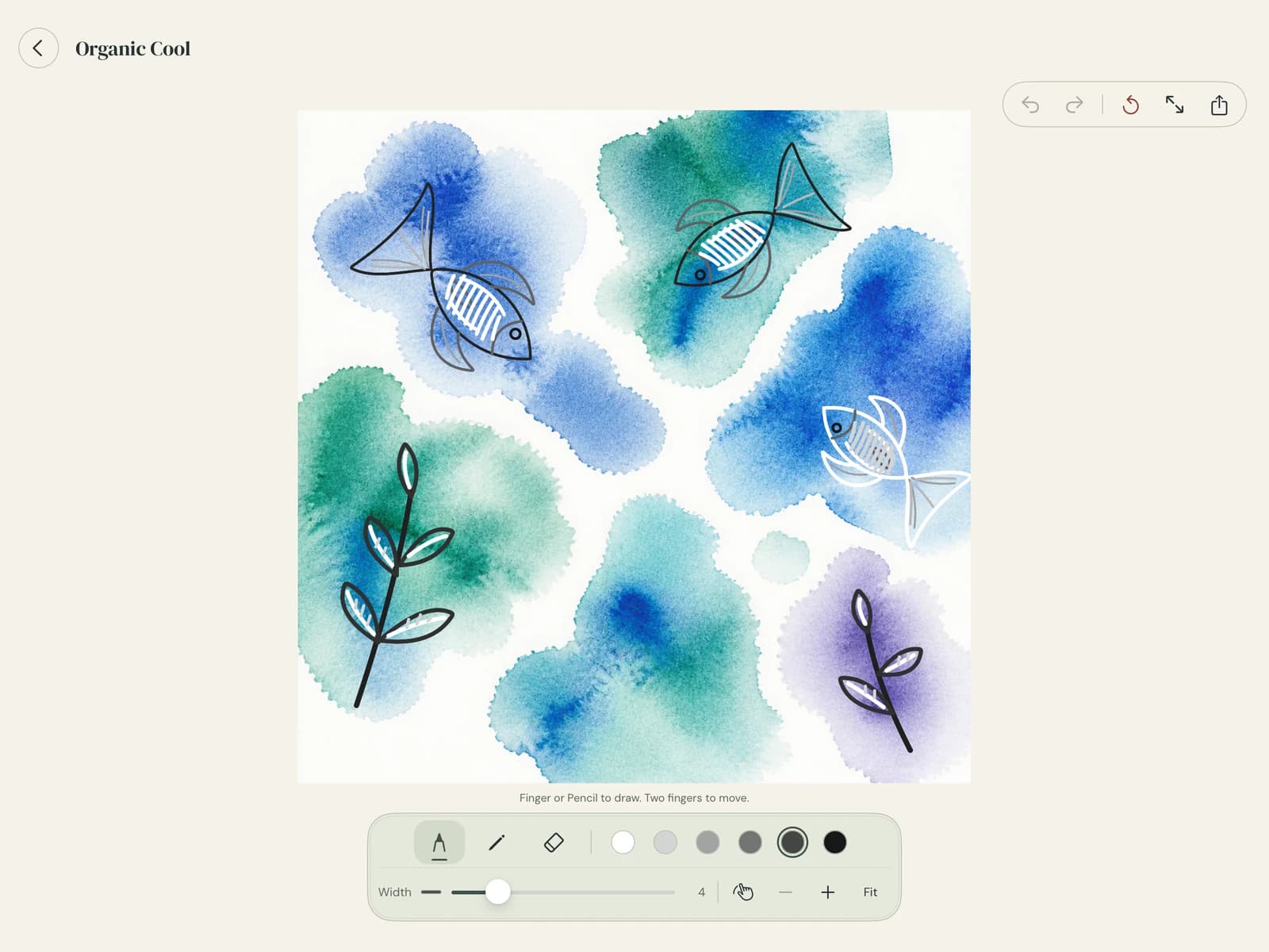 Color Before the Lines on iPad: a finished watercolor with the lines drawn on top